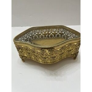 Vintage Hollywood Regency Style Jewelry/Trinket Box Ornate Gold-Tone Filigree